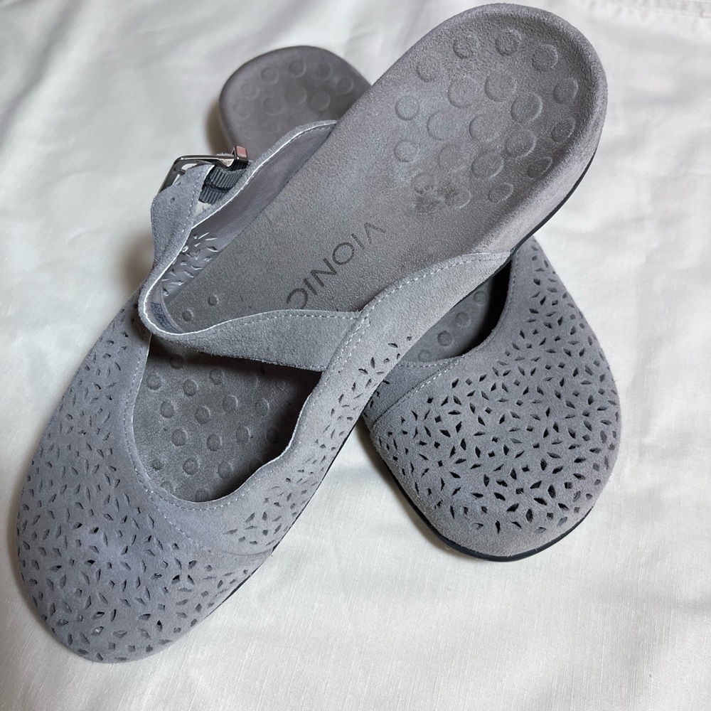 Vionic Gray Suede Perforated Mary Jane Clog Mules - Picture 2 of 7